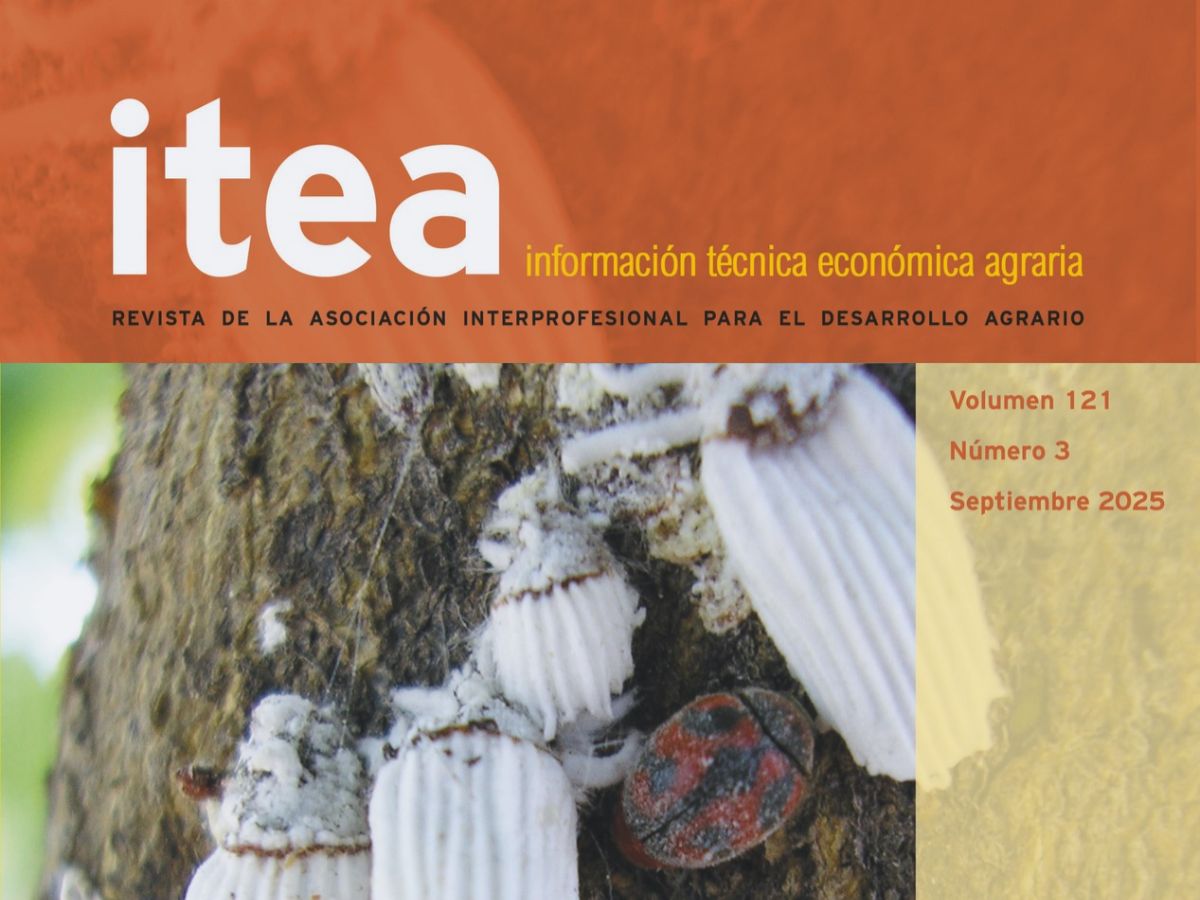 Portada del volumen 121(3) de ITEA: colonia de cochinilla acanalada (Icerya purchasi) junto a un ejemplar de Rodolia cardinalis, su depredador natural